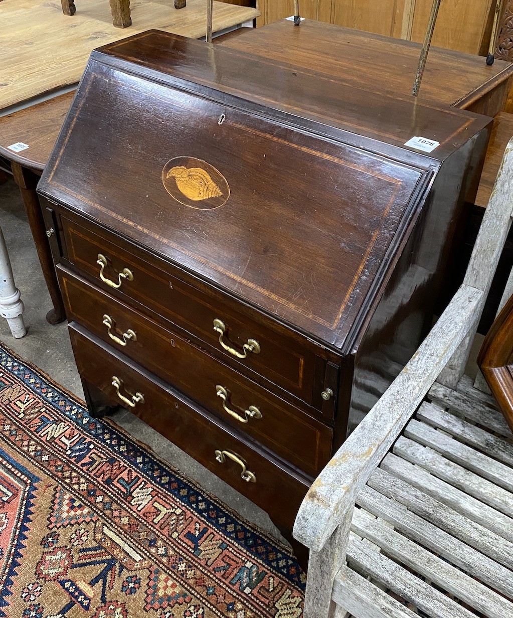 An Edwardian inlaid mahogany bureau, width 76cm